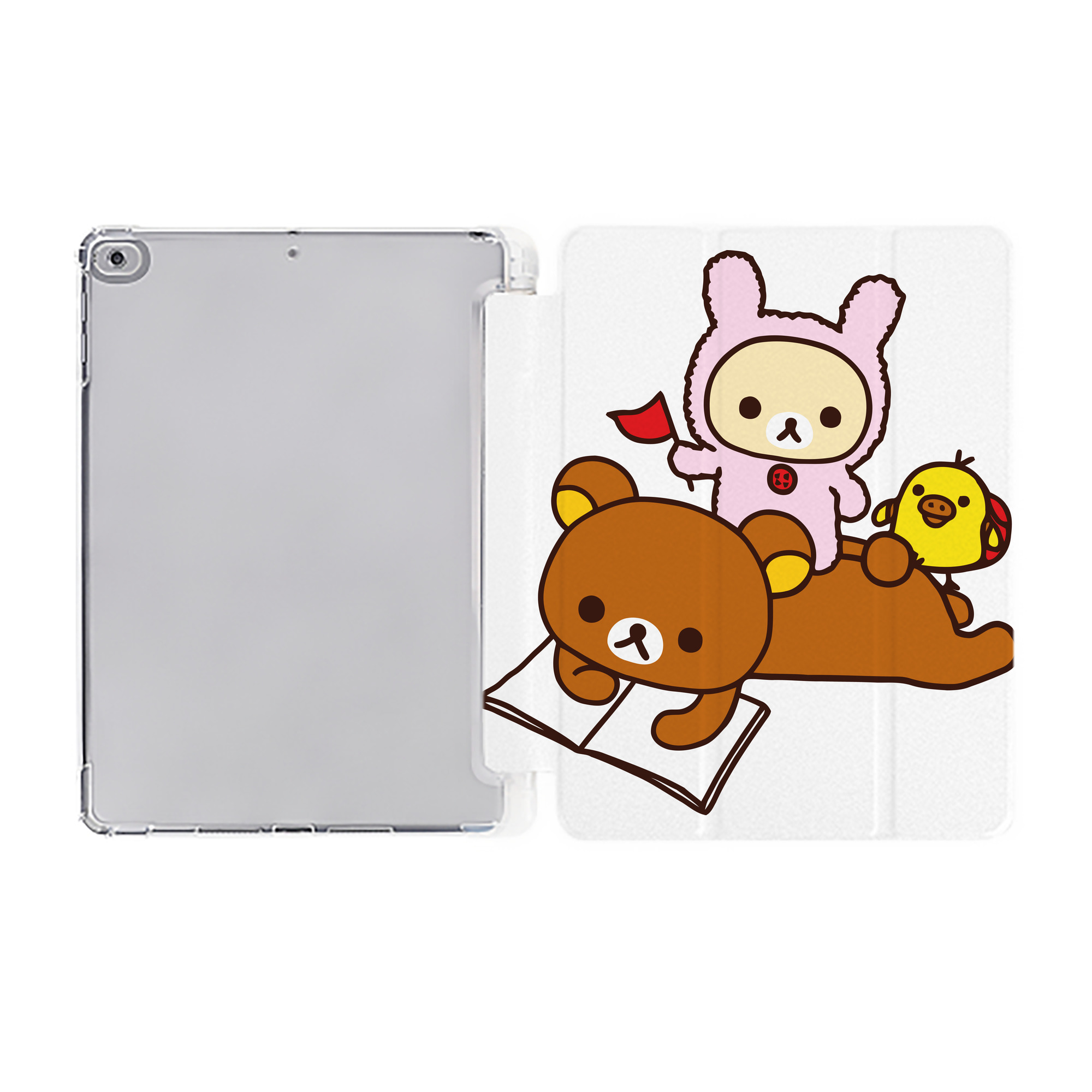（画像用） リラックマ リラックマ キイロイトリ Rilakkuma Korilakkuma Kiiroitori IPad ケース ペン収納付き 三つ折りスタンド PUレザー×シリコン 対応機種9.5/10.5/10.9インチ